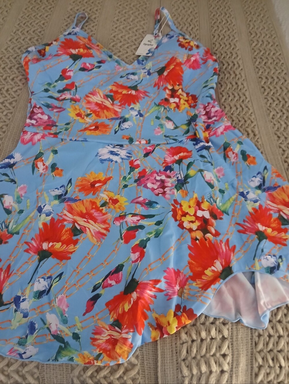 Floral Blue V-Neck Spaghetti Strap Women's SWIM DRESS SZ 2X